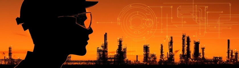 A silhouette engineer contemplates industrial processes at sunset over refineries