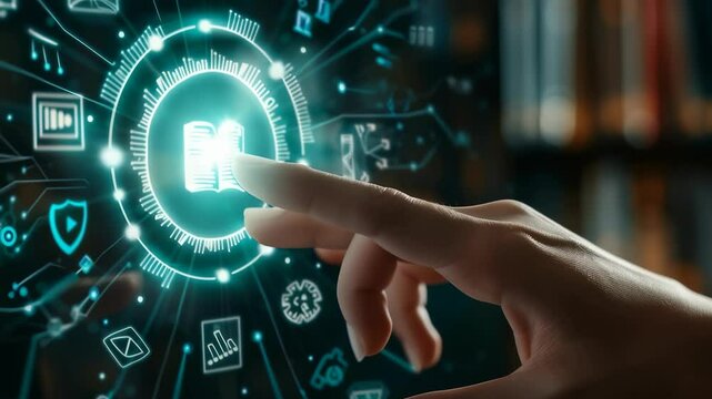 A person touches a glowing, digital interface featuring an open book icon, amidst other symbols. The scene implies interaction with a vast digital library or educational platform.