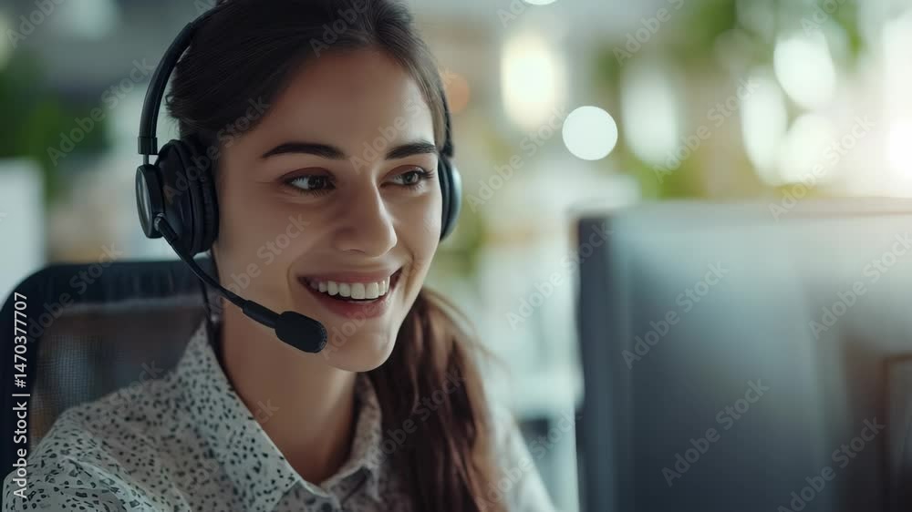 Poster smiling woman wearing a headset working on a computer in an office. the woman is likely working as a