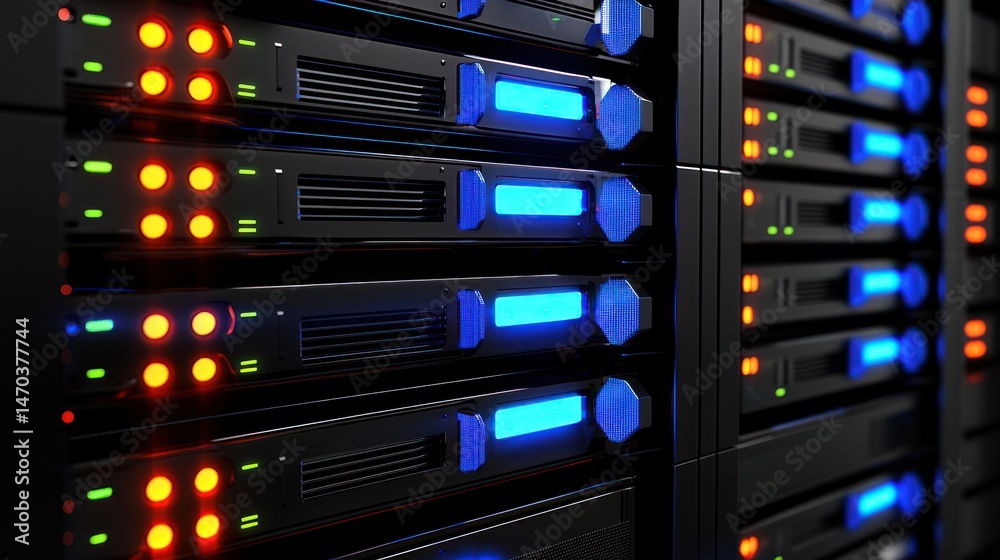 Poster rows of modern server units showing bright lights and displays