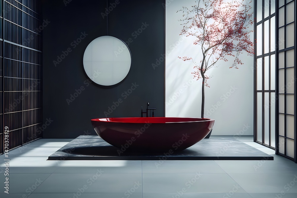 Poster ミニマルな室内デザイン 赤い鉢植えの盆栽と柔らかな自然光が差し込む窓がある静かな空間