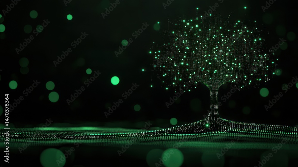 Poster a digital tree illuminated with glowing green particles