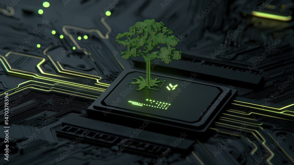Poster A green digital tree growing from a computer chip structure