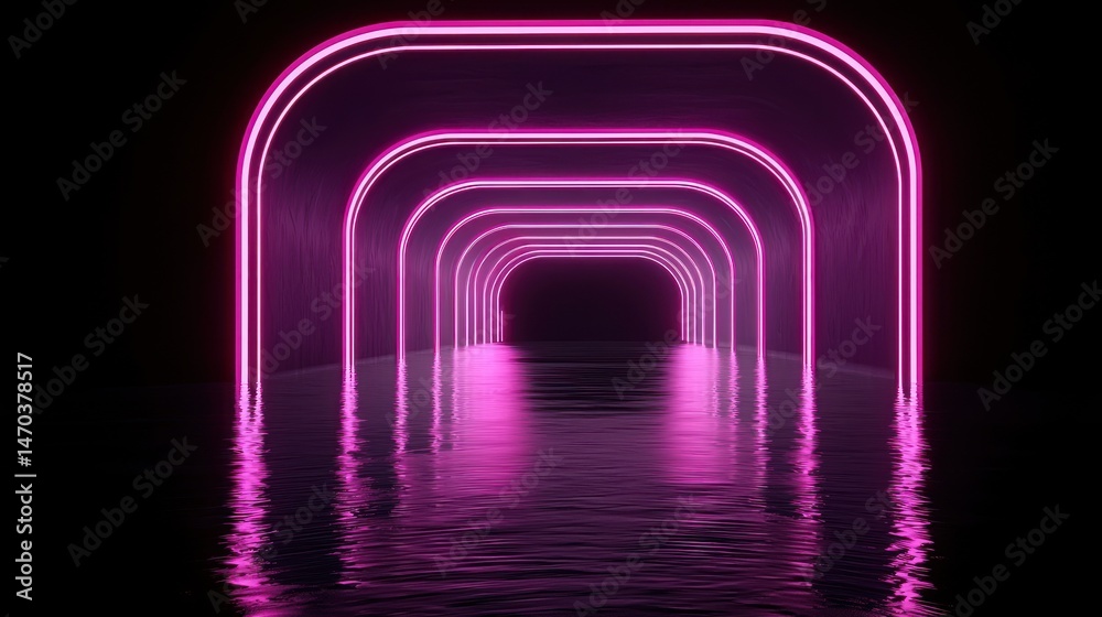 Aufkleber illuminated tunnel with neon lights and reflective water surface