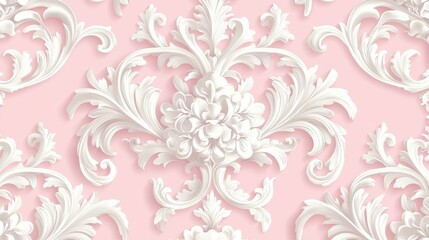 vintage-inspired floral arabesque, pale rose background, graceful white scrolling foliage, symmetrical botanical ornaments, continuous pattern design, decorative baroque style wallpaper