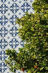 Detalle de una fachada azul y un naranjo en Tavira, Algarve, Portugal.