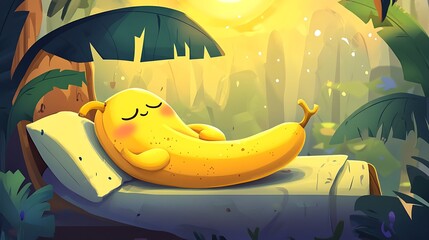 Banana character sleeping in tropical setting