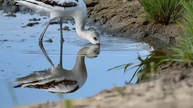 Elegant avocet drinking from calm pond reflecting its image in the water on sunny day in nature