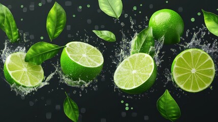 Set of fresh delicious limes splashing with leaves, cut out
