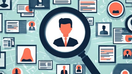 Magnifying glass focusing on professional profiles with abstract background
