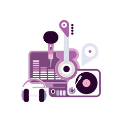 Artistic composition of color musical items isolated on a white background Sound Recording Studio vector design.