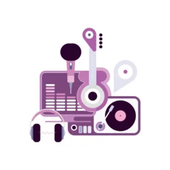 Fotobehang Artistic composition of color musical items isolated on a white background Sound Recording Studio vector design. ©  danjazzia