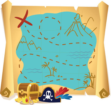 Illustrated Treasure Map with Pirate Elements and X Marks the Spot