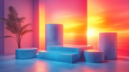 Modern abstract composition with geometric shapes and vibrant sunset lighting