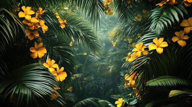Exotic nature background. Palm trees and golden shower yellow flowers. Textures, shapes and colors of tropics. Mauritius island, Indian Ocean.