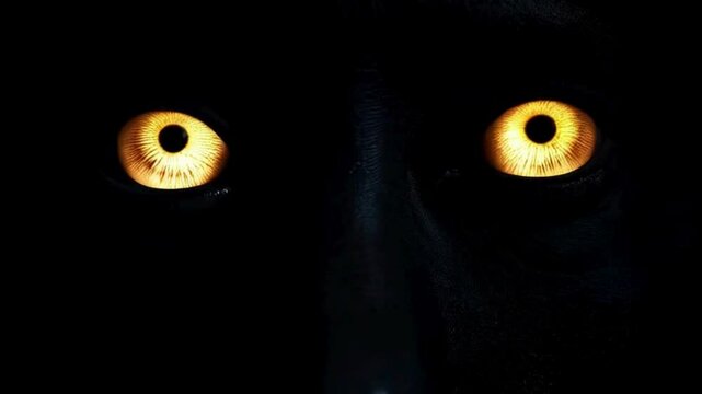 Glowing eyes piercing through the darkness in a mysterious cinematic close-up [with copy space]