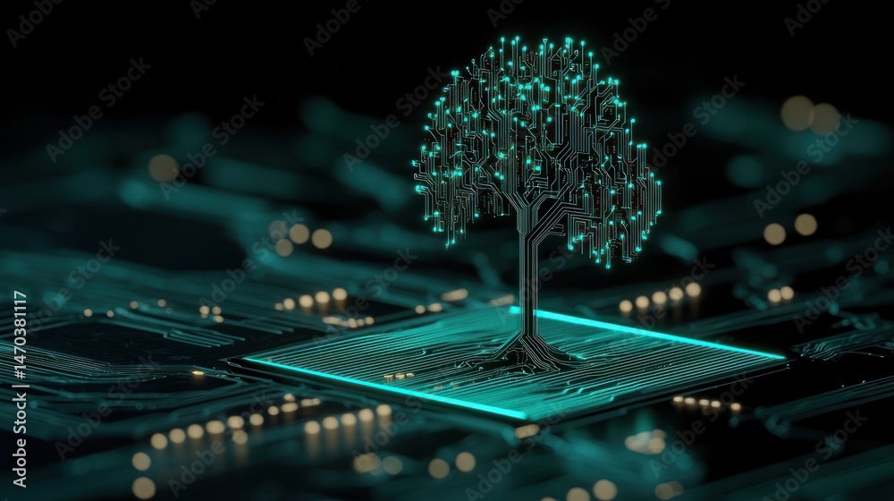 Aufkleber a digital tree made of circuit board lines and lights
