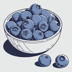 Healthy fresh blue ripe blueberries in a white bowl, a vector illustration of a sweet organic fruit snack