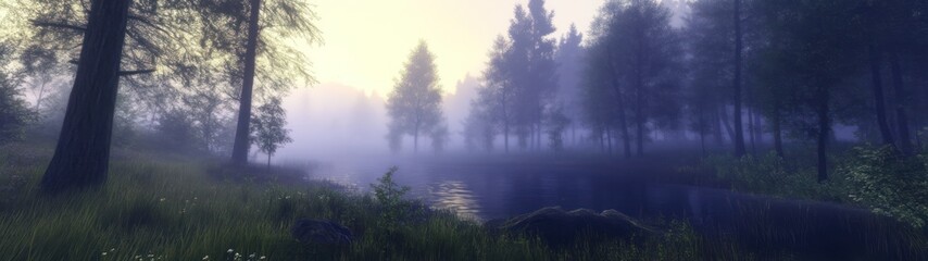 Misty woodland scene at dawn.