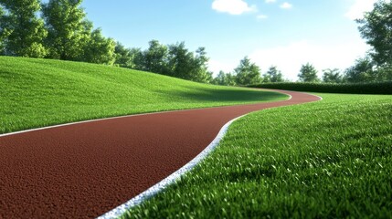 Curved running track with green grass on a bright sunny day.