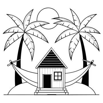 recommend clip art: Tropical Beach House Hammock Relaxation Vacation Paradise Illustration