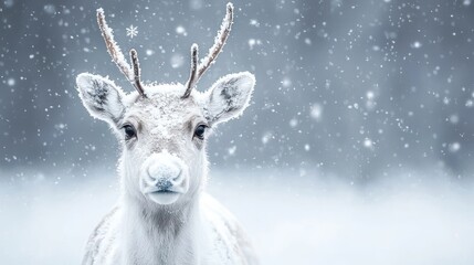 A snow covered reindeer gazes directly at the viewer intently