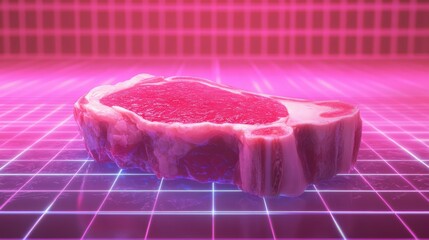 A vibrant digital rendering of a steak on a neon grid with a futuristic background