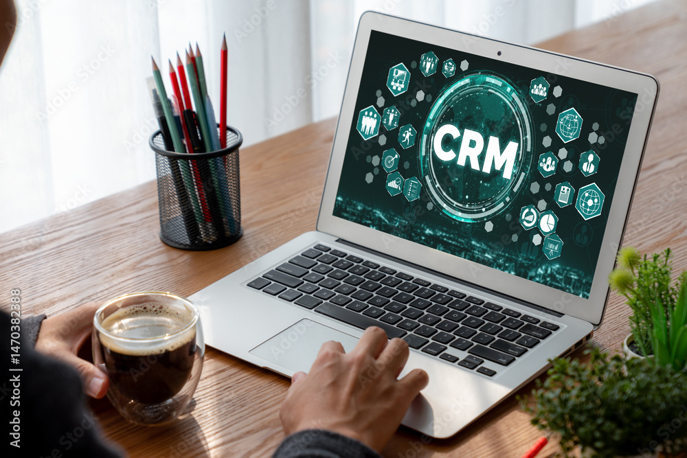 Wall mural customer relationship management system on modish computer for crm business and enterprise