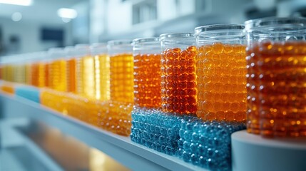 Colorful display of gelatinous spheres in glass containers