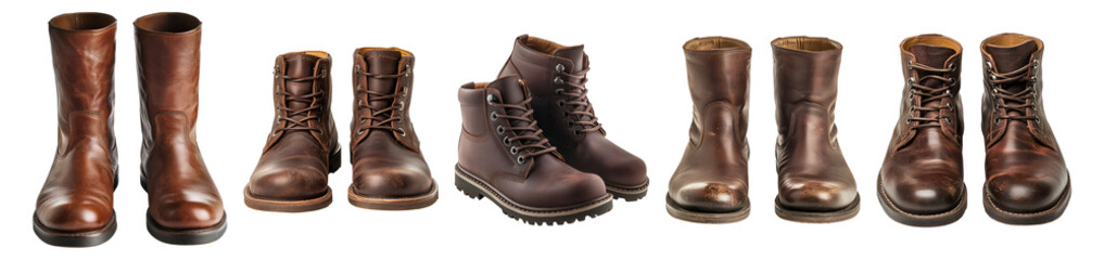 Stylish Brown Leather Boots Collection for Fashion Enthusiasts, Isolated on Transparent, white background