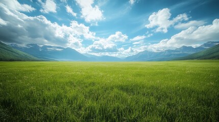 Fototapeta premium Green grass growing on vast field with mountains under blue cloudy sky