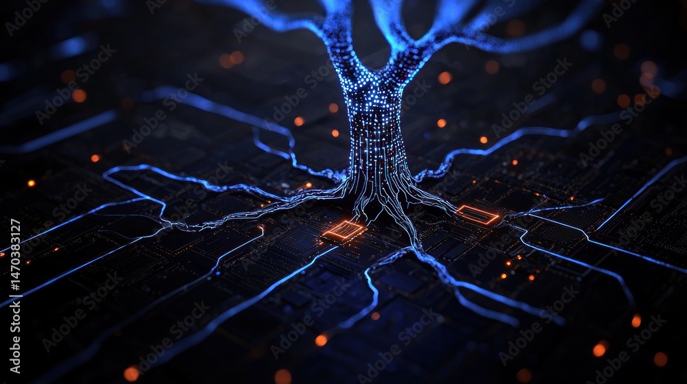 Poster a glowing abstract tree on a circuit board landscape