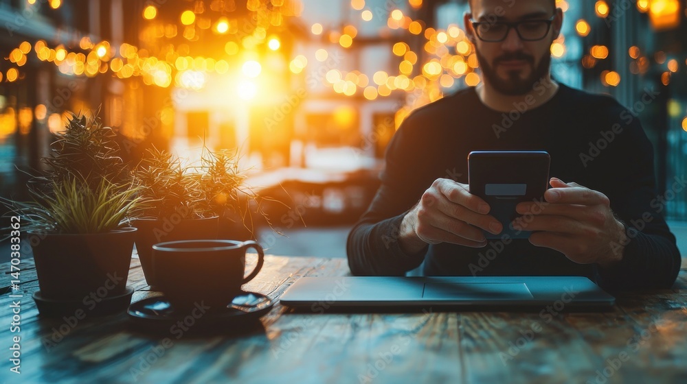 Aufkleber a man using a smartphone at a cafe table near plants