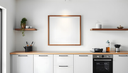 Picture frame mockup on white wall in the minimal kitchen room. close-up image, dramatic atmosphere. White tone