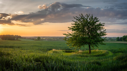 Vibrant sunset over a solitary tree in a lush green field