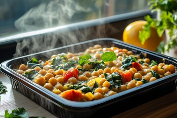 A frozen chickpea and spinach curry tray meal with steam-effect styling on background 