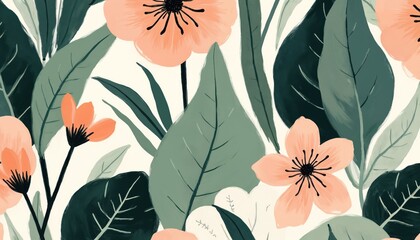 Abstract floral pattern with green peach white hues. Artistic botanical illustration. Modern digital drawing for decoration, textile design, wallpaper, fabric print. Leaves flowers on white backdrop.