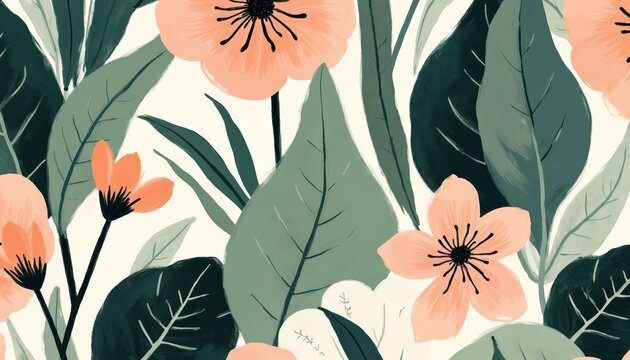 Abstract floral pattern with green peach white hues. Artistic botanical illustration. Modern digital drawing for decoration, textile design, wallpaper, fabric print. Leaves flowers on white backdrop.