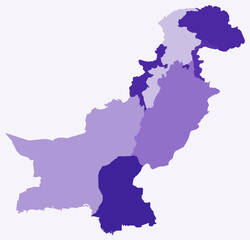 Obraz premium Map of Pakistan with regions. Just a simple country border map with region division. Deep purple color palette. Flat Islamic Republic of Pakistan shape with administrative division.