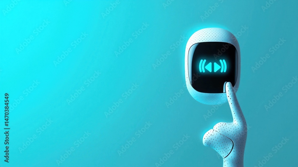 Poster A futuristic button with a hand pressing the rewind symbol