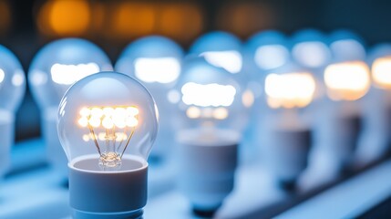 Row of illuminated led light bulbs emitting bright and warm light