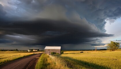 Fototapeta premium dark storm clouds gather over a rural landscape hinting at an impending rainstorm