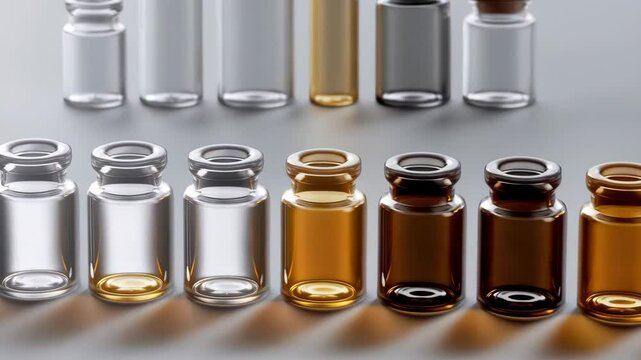 Several rows of glass vials in varying sizes and colors with some corked and others open for pharmaceutical science or medical purposes