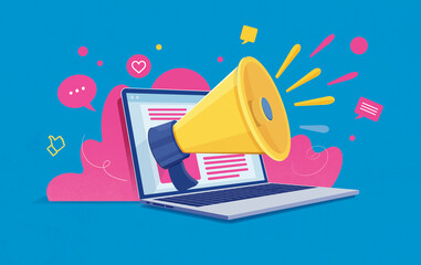 Digital marketing with megaphone and laptop screen. Online promotion, social media engagement, news, outreach, communication technology, strategy. Advertising, announcement, viral internet marketing