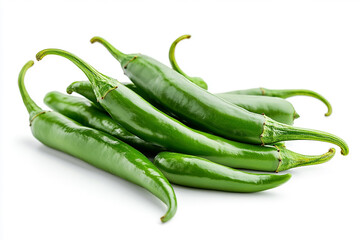 A pile of green chili pepper on a white background