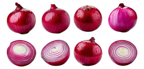 Fresh Red Onion Varieties Displayed in Various Cuts and Angles, Isolated on Transparent, white background