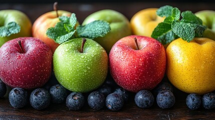 A vibrant display of fresh apples in various colors with blueberries and mint leaves on a wooden table