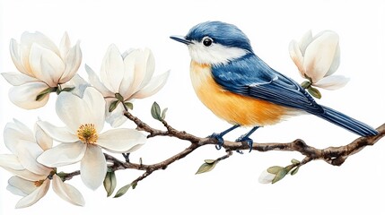 Beautiful White Magnolia Flowers with Bird Illustration in Spring Time