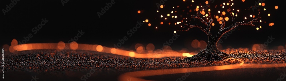 Poster illuminated abstract tree with light glowing on a dark landscape background