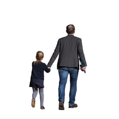 père de famille vu de dos tenant la main de sa fillette, marchant en automne, tenue citadine, veste et jean, robe et collants pour l’enfant